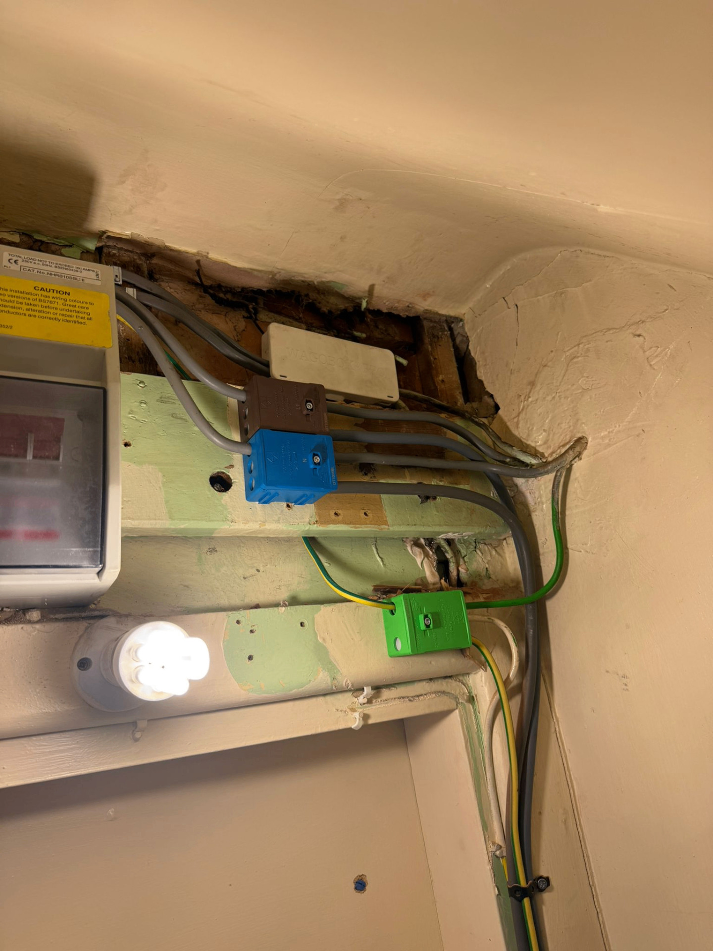 After, EICR remedials, unsafe junction box & damaged ceiling void