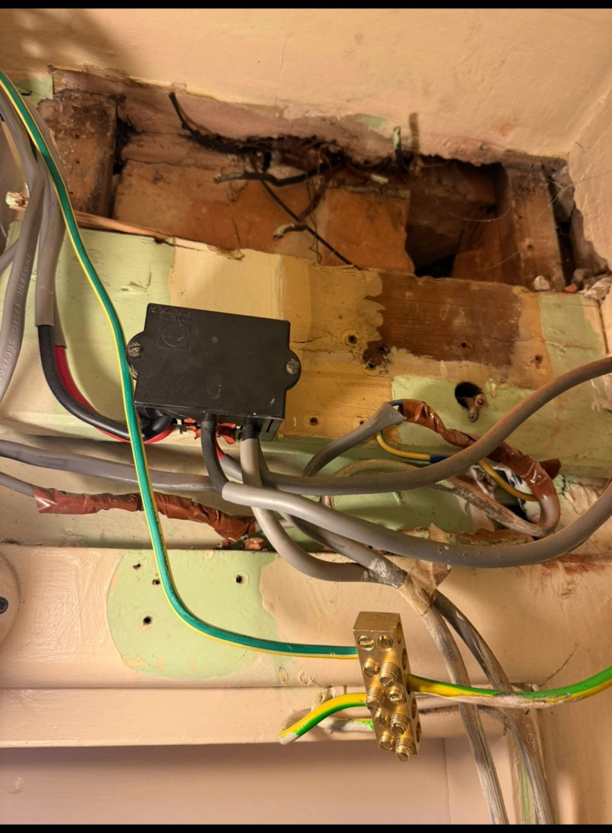 Before, EICR remedials, unsafe junction box & damaged ceiling void